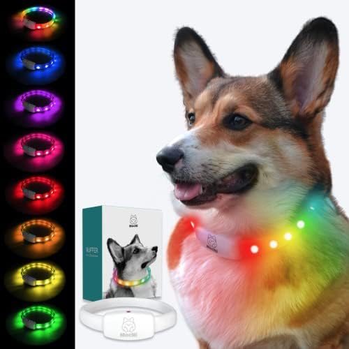 Mochi ® 8 צבעים באור צווארון כלב LED אחד | Ruffer Light Up Collars כלבים | USB נטענת צווארון קשת